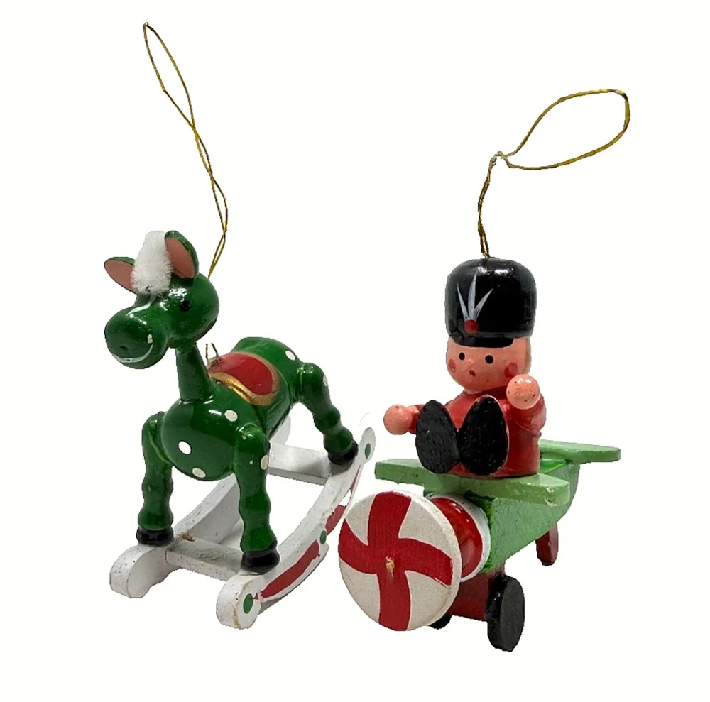 Lot of 2 Vintage Hand Painted Wooden Christmas Ornaments Horse Soldier